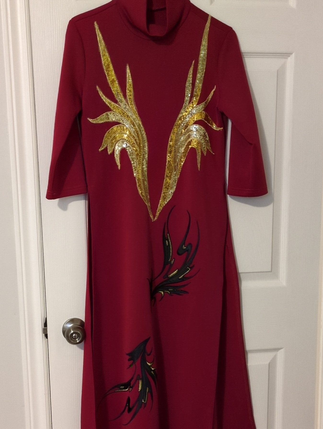 Gold-Accent Red Maxi /Side Split Dress
